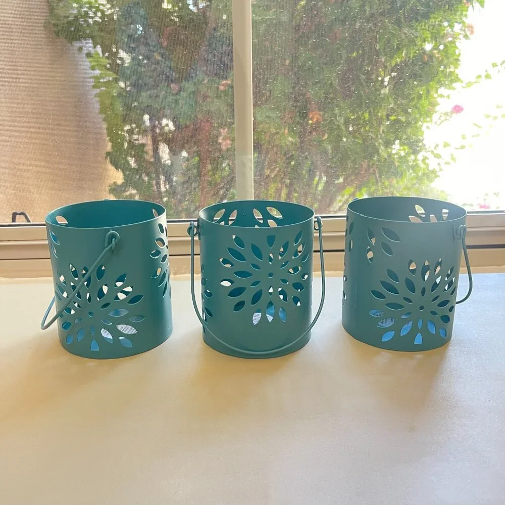 New Pier 1 Tea Light Holders Set of 3 Metal with Handle Teal Turquoise Blue